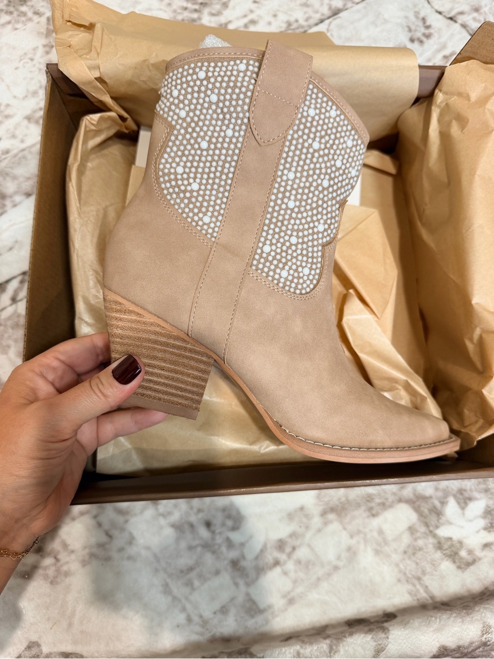 Beige Western-Inspired Ankle Boot with Studded Shaft